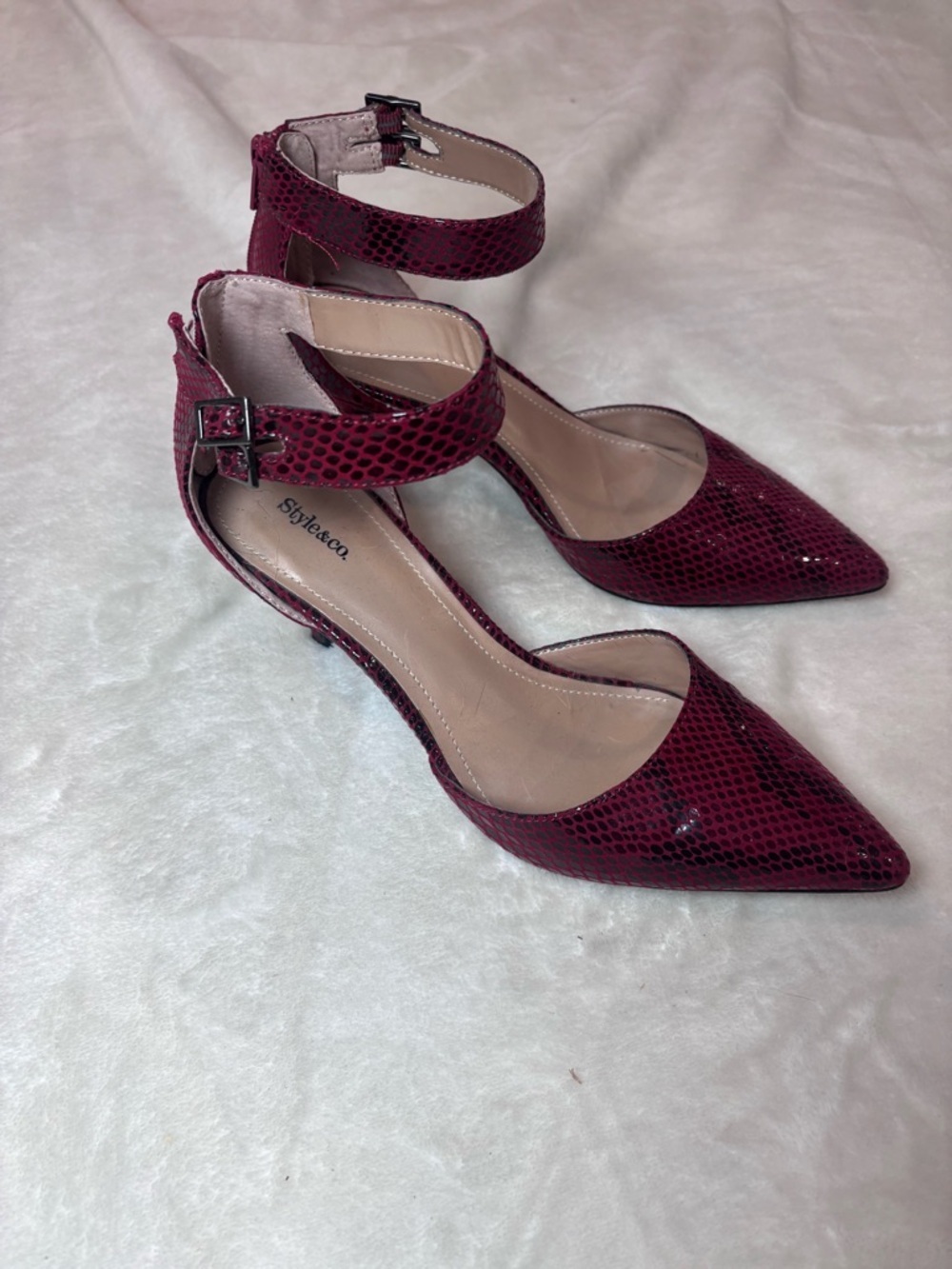Style & Co. Burgundy Snake-Print Pointed Ankle-Strap Heels 8M